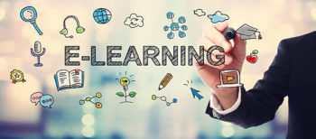 Businessman drawing E-Learning concept on blurred abstract background